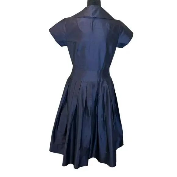 Teri Jon Navy Blue Structured Belted Silk Dress Rockabilly Wedding Guest Size 4 - Picture 5 of 12